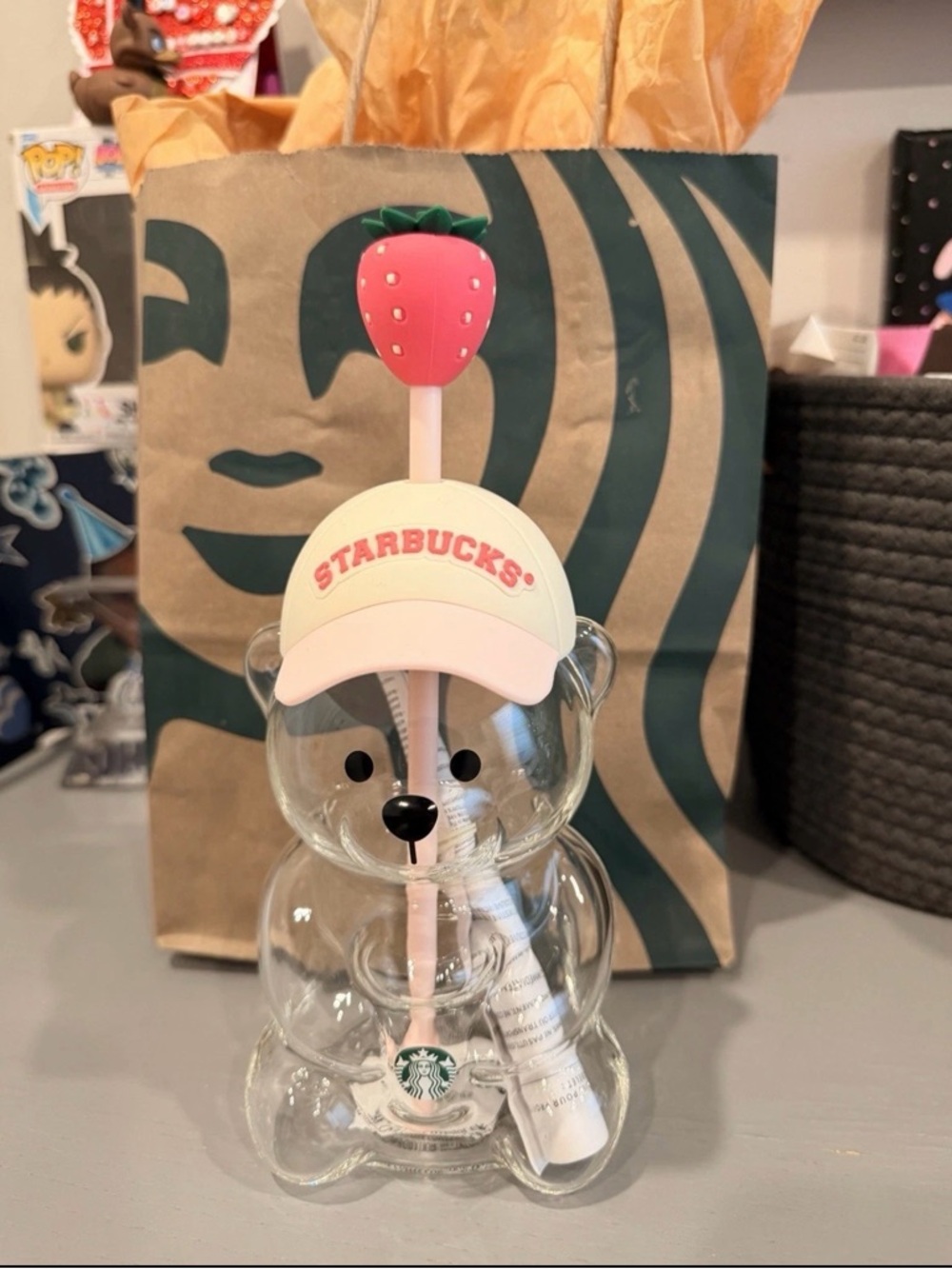 Authentic Starbucks Bearista Bear Glass Pink Drink Strawberry Cup 20 oz. New